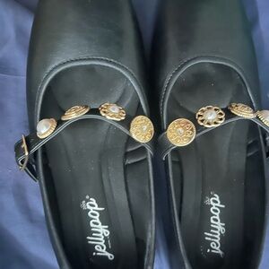 Jellypop Black Mary Jane Flats with Gold Medallions